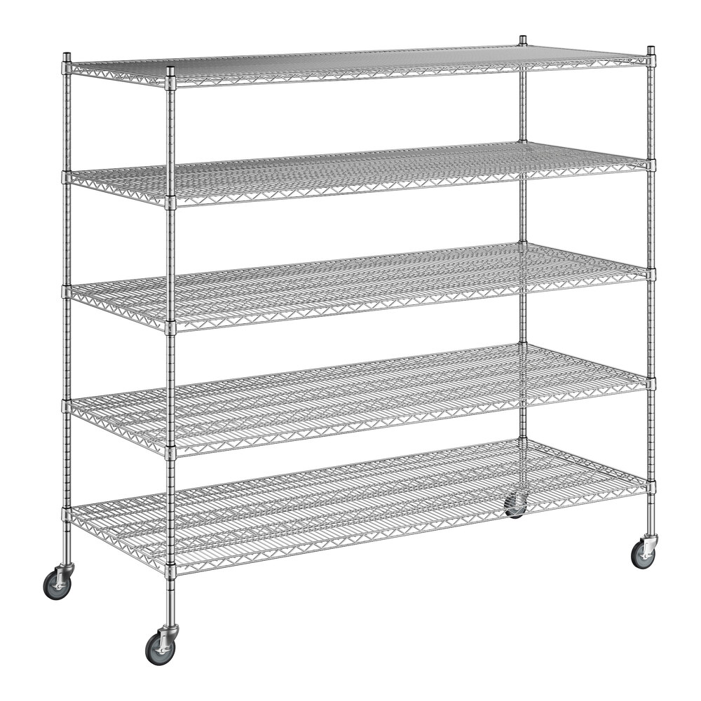 A Regency chrome wire shelving unit with wheels and four shelves.
