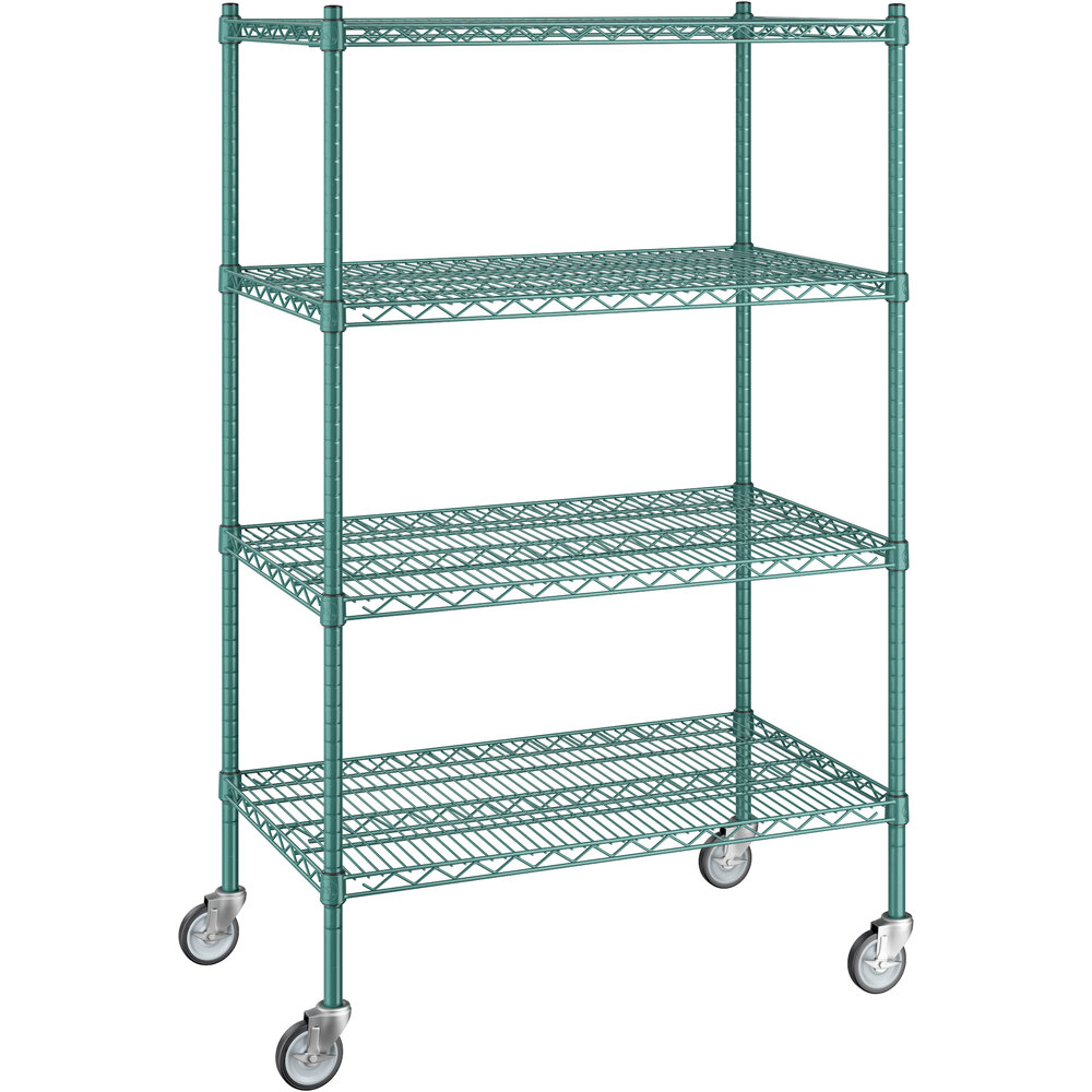 Regency 21 inch x 36 inch x 60 inch NSF Green Epoxy Mobile Wire Shelving Starter Kit with 4 Shelves