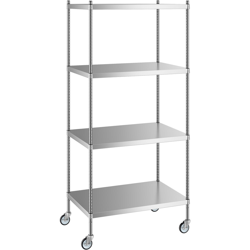 Regency 24 inch x 36 inch x 80 inch NSF Solid Stainless Steel Mobile Shelving Starter Kit with 4 Shelves