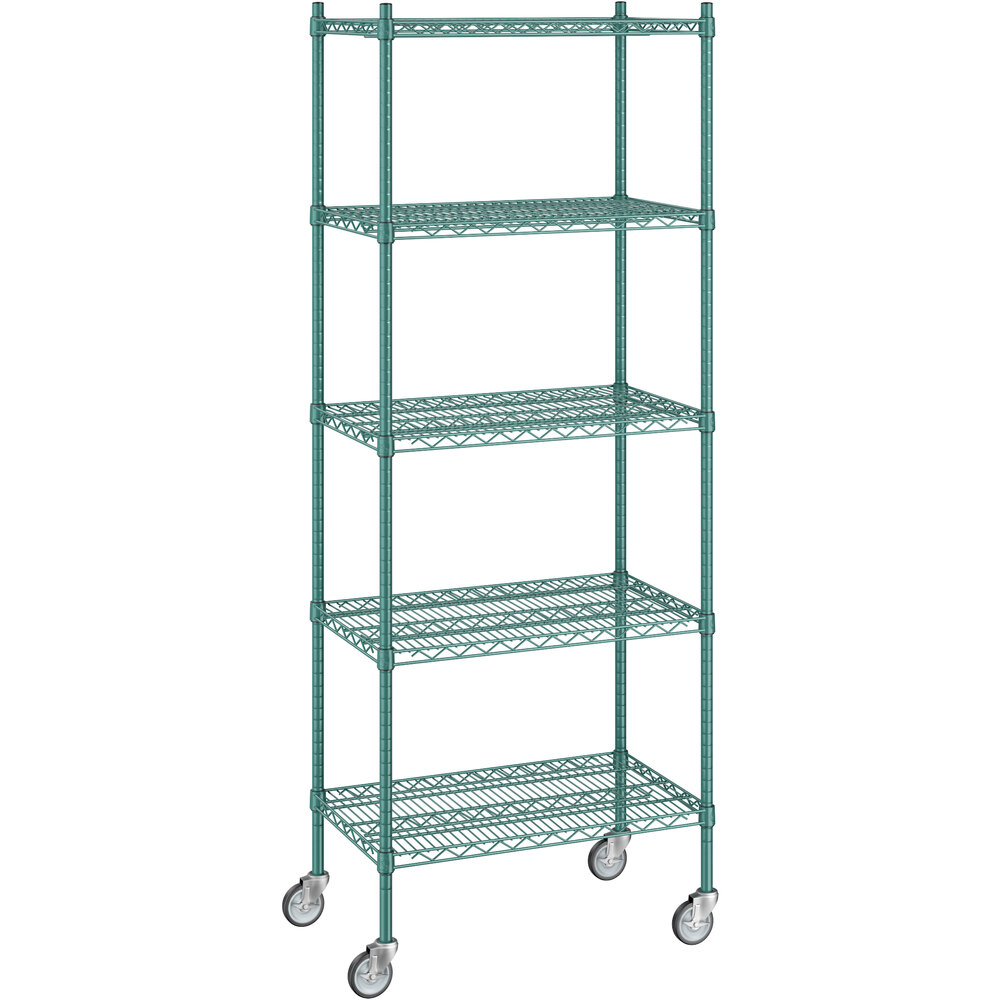 Regency 18 inch x 30 inch x 80 inch NSF Green Epoxy Mobile Wire Shelving Starter Kit with 5 Shelves