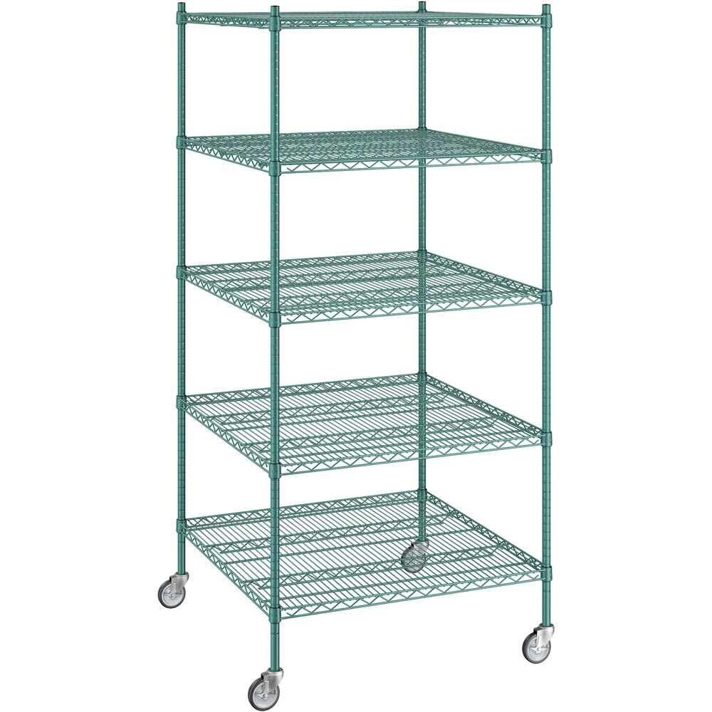 Regency 36 inch x 36 inch x 80 inch NSF Green Epoxy Mobile Wire Shelving Starter Kit with 5 Shelves