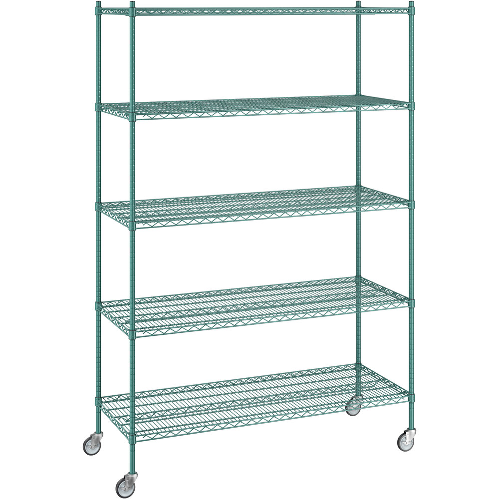 Regency 24 inch x 60 inch x 92 inch NSF Green Epoxy Mobile Wire Shelving Starter Kit with 5 Shelves