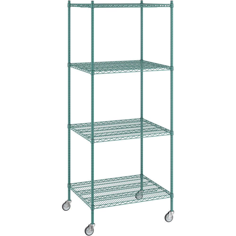 Regency 30 inch x 36 inch x 92 inch NSF Green Epoxy Mobile Wire Shelving Starter Kit with 4 Shelves