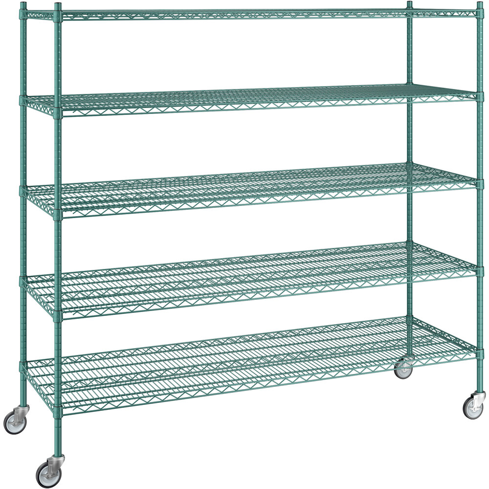 Regency 24 inch x 72 inch x 70 inch NSF Green Epoxy Mobile Wire Shelving Starter Kit with 5 Shelves