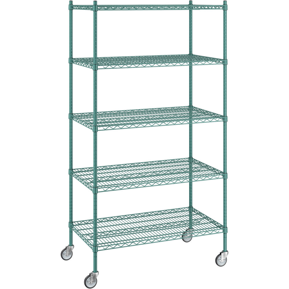 Regency 24 inch x 42 inch x 80 inch NSF Green Epoxy Mobile Wire Shelving Starter Kit with 5 Shelves