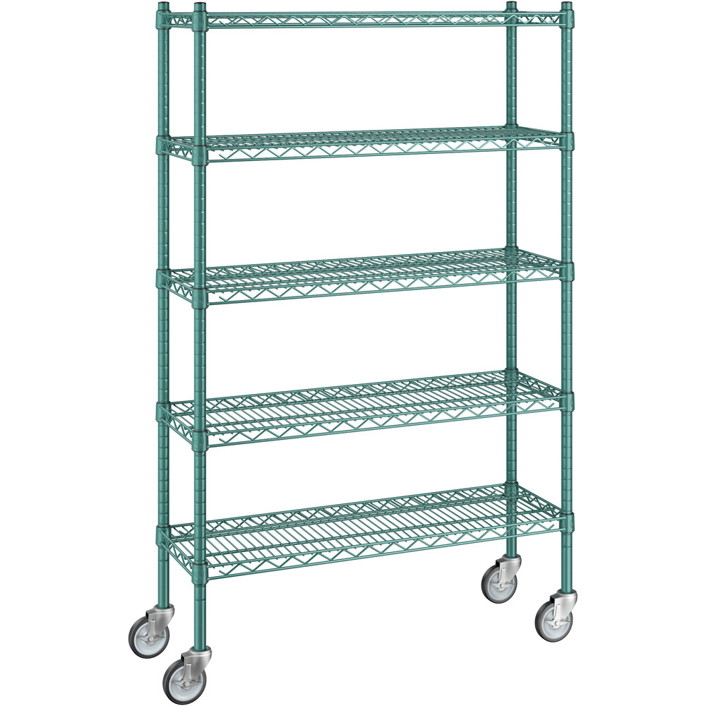 Regency 12 inch x 36 inch x 60 inch NSF Green Epoxy Mobile Wire Shelving Starter Kit with 5 Shelves