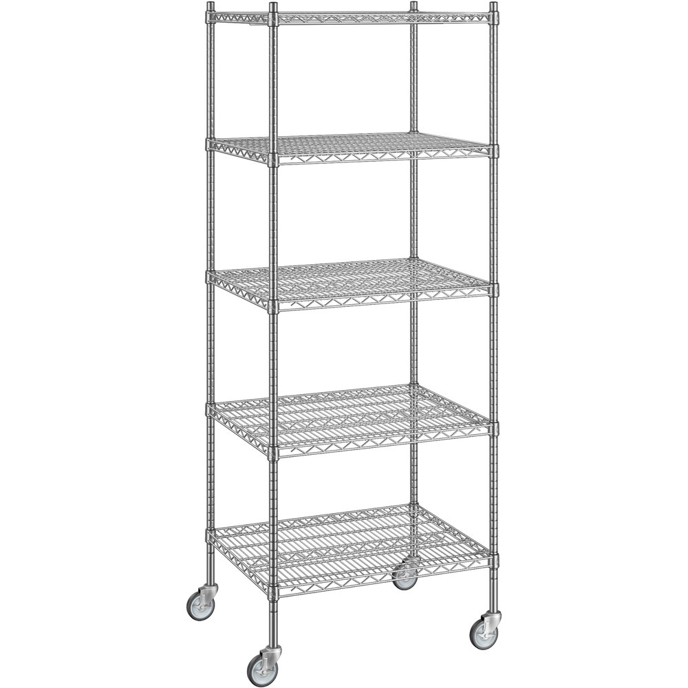 Regency 24 inch x 30 inch x 80 inch NSF Chrome Mobile Wire Shelving Starter Kit with 5 Shelves