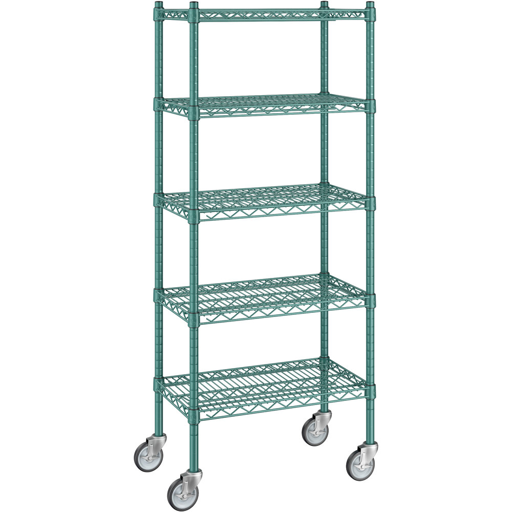 Regency 14 inch x 24 inch x 60 inch NSF Green Epoxy Mobile Wire Shelving Starter Kit with 5 Shelves