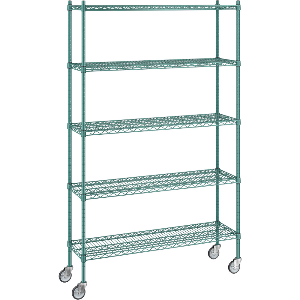 Regency 14 inch x 48 inch x 80 inch NSF Green Epoxy Mobile Wire Shelving Starter Kit with 5 Shelves