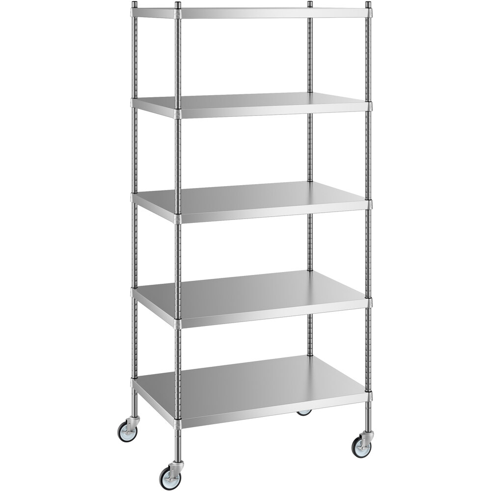 Regency 24 inch x 36 inch x 80 inch NSF Solid Stainless Steel Mobile Shelving Starter Kit with 5 Shelves