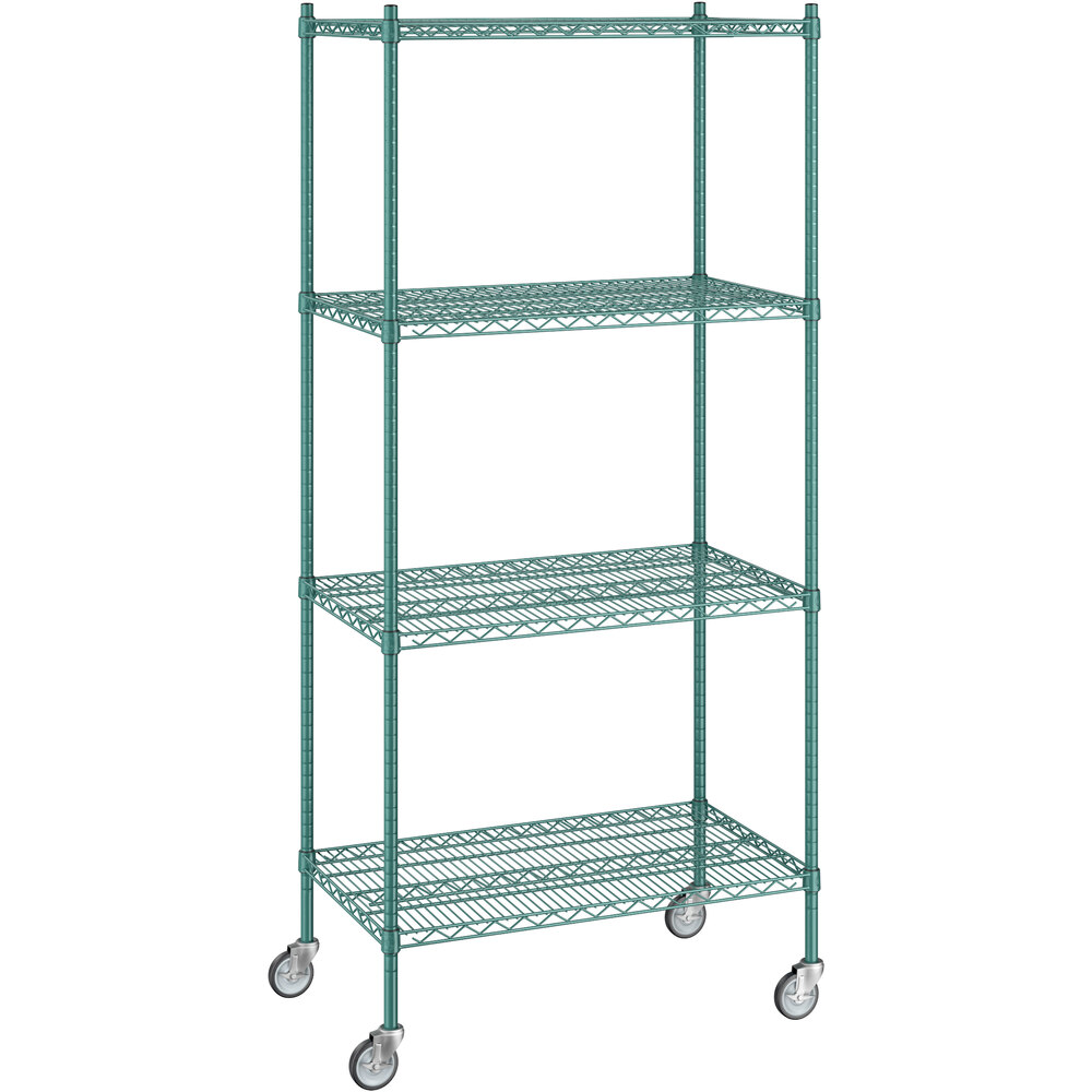 Regency 21 inch x 36 inch x 80 inch NSF Green Epoxy Mobile Wire Shelving Starter Kit with 4 Shelves