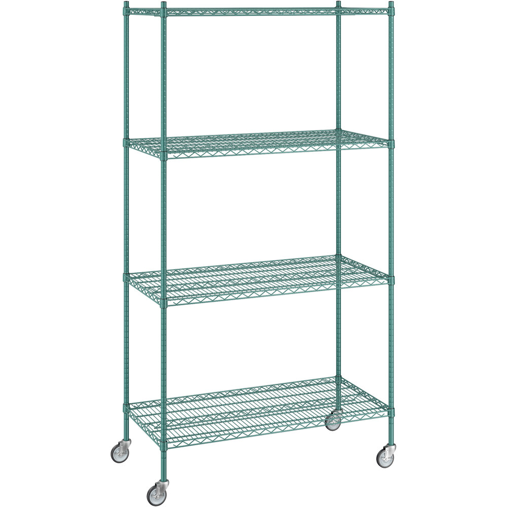 Regency 24 inch x 48 inch x 92 inch NSF Green Epoxy Mobile Wire Shelving Starter Kit with 4 Shelves