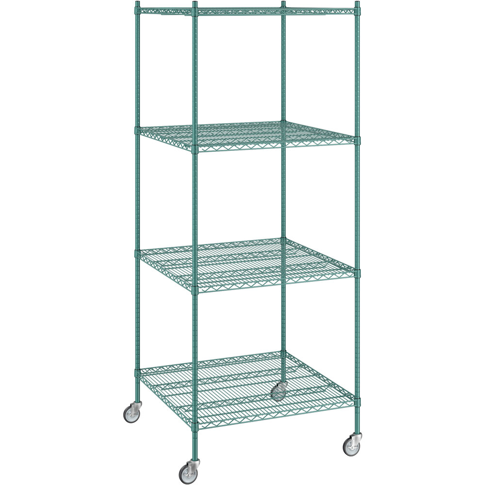 Regency 36 inch x 36 inch x 92 inch NSF Green Epoxy Mobile Wire Shelving Starter Kit with 4 Shelves