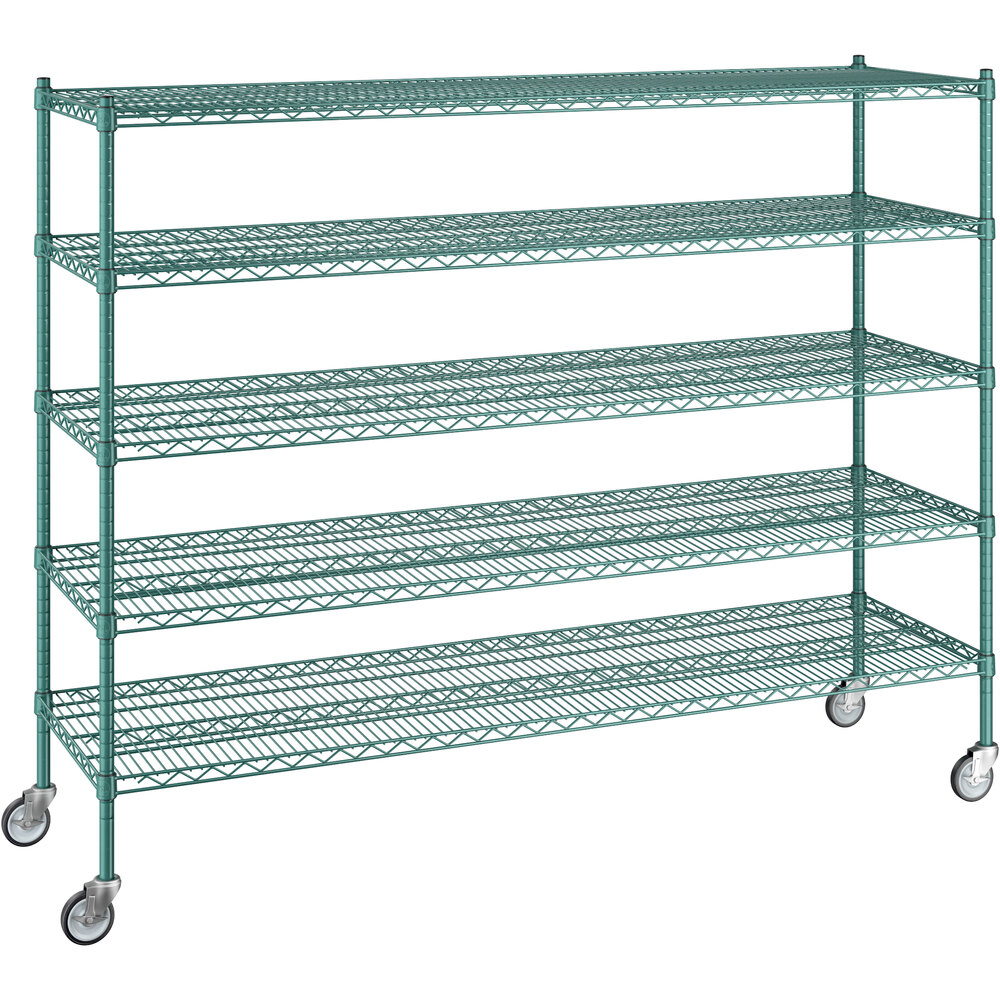 Regency 21 inch x 72 inch x 60 inch NSF Green Epoxy Mobile Wire Shelving Starter Kit with 5 Shelves