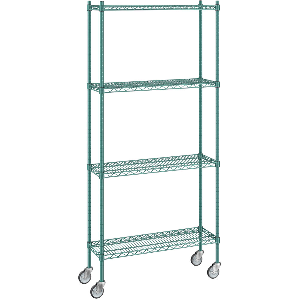 Regency 12 inch x 36 inch x 80 inch NSF Green Epoxy Mobile Wire Shelving Starter Kit with 4 Shelves