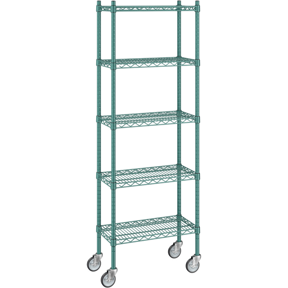 Regency 12 inch x 24 inch x 70 inch NSF Green Epoxy Mobile Wire Shelving Starter Kit with 5 Shelves