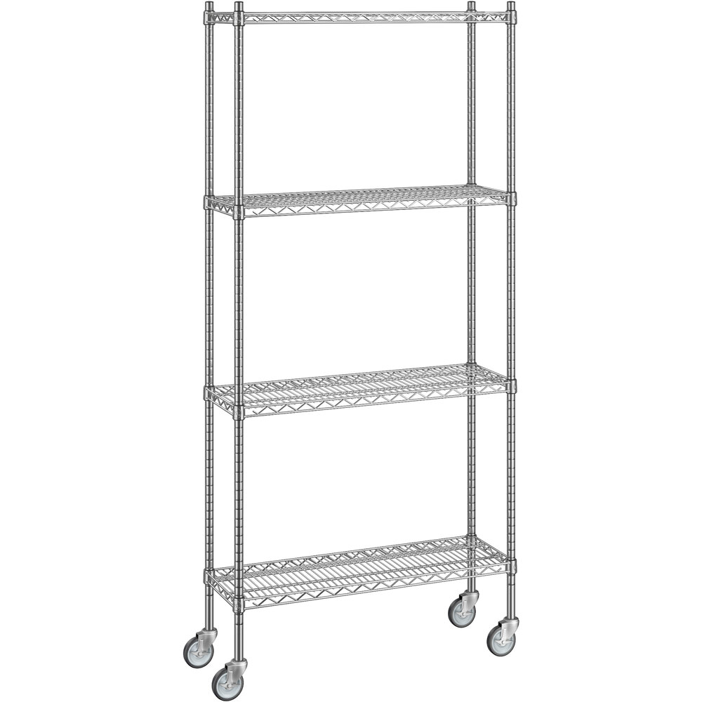 Regency 12 inch x 36 inch x 80 inch NSF Stainless Steel Wire Mobile Shelving Starter Kit with 4 Shelves