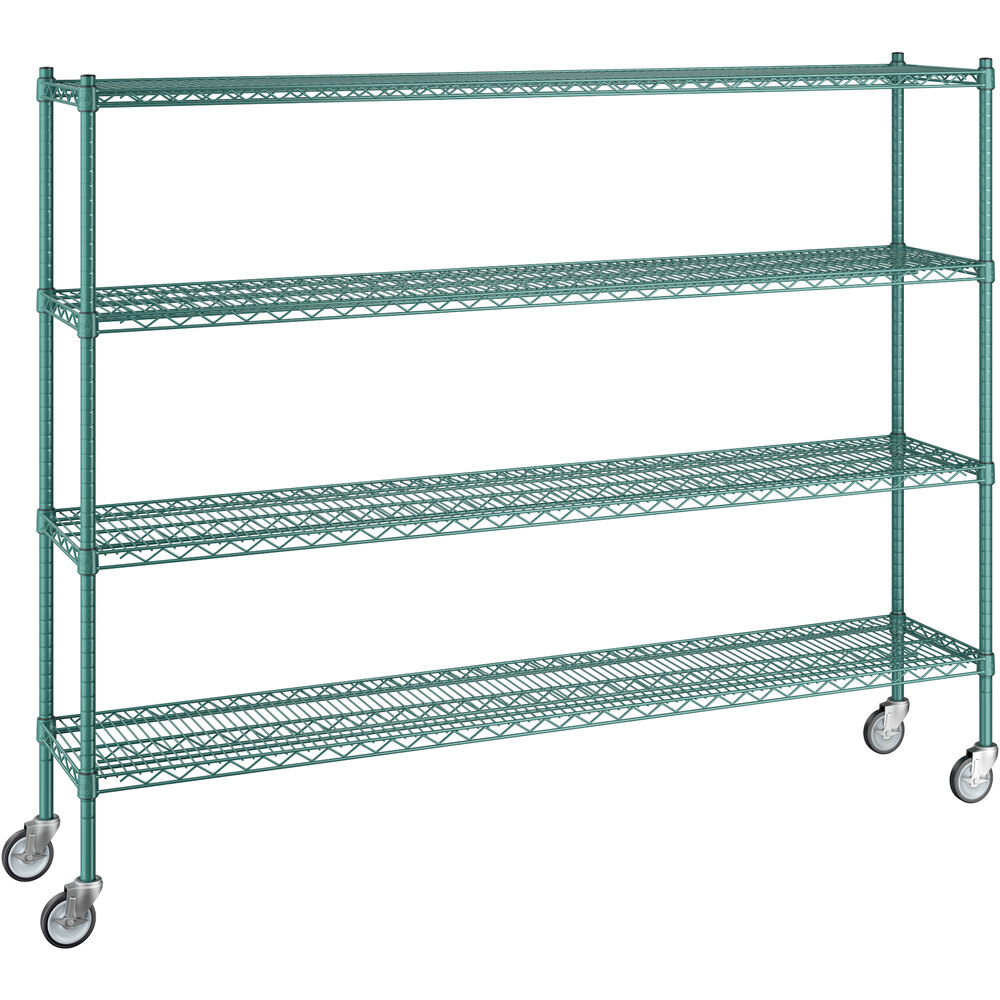 Regency 14 inch x 72 inch x 60 inch NSF Green Epoxy Mobile Wire Shelving Starter Kit with 4 Shelves