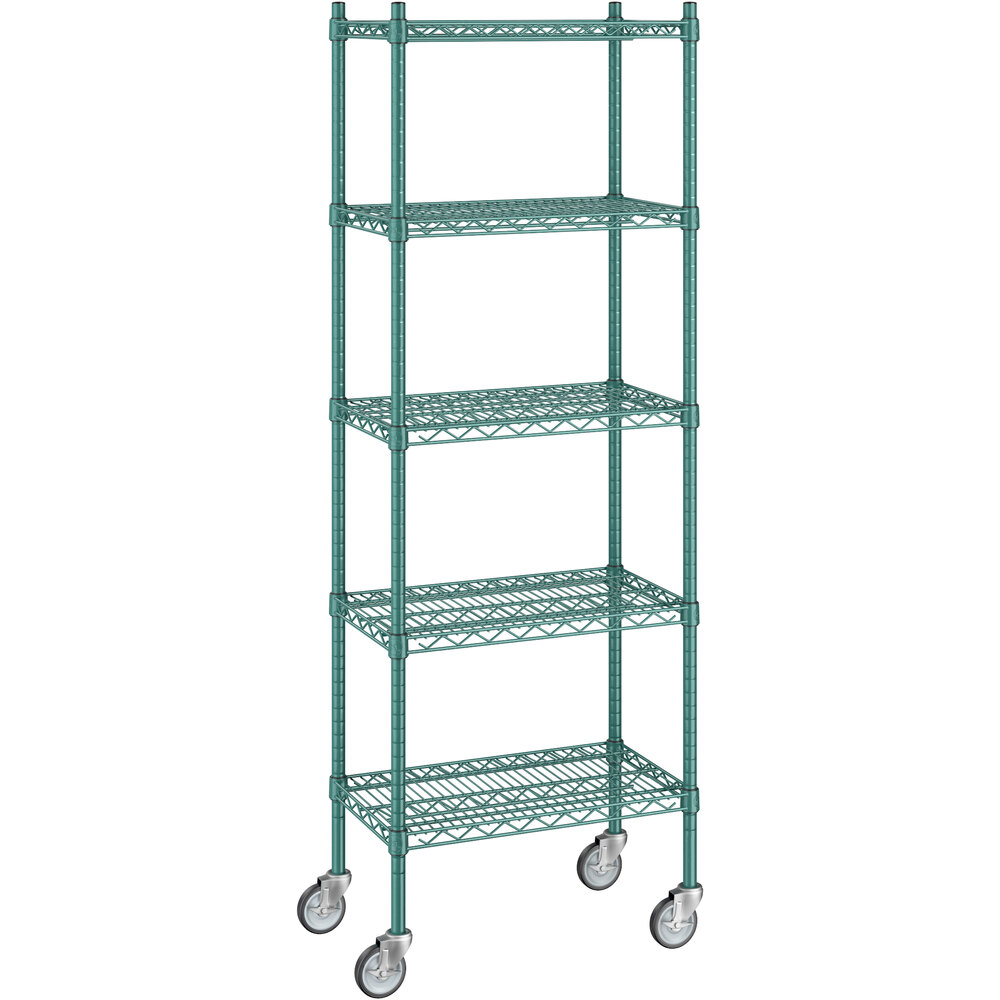 Regency 14 inch x 24 inch x 70 inch NSF Green Epoxy Mobile Wire Shelving Starter Kit with 5 Shelves
