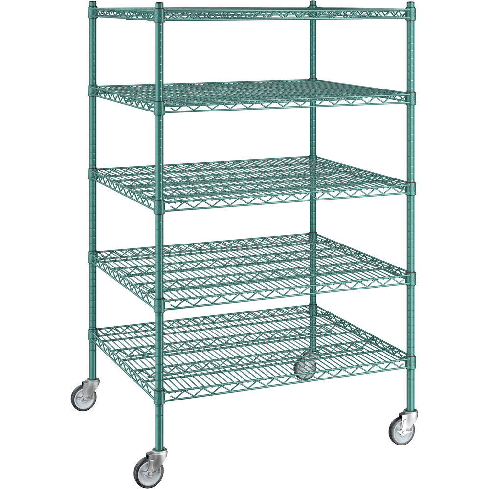 Regency 30 inch x 36 inch x 60 inch NSF Green Epoxy Mobile Wire Shelving Starter Kit with 5 Shelves