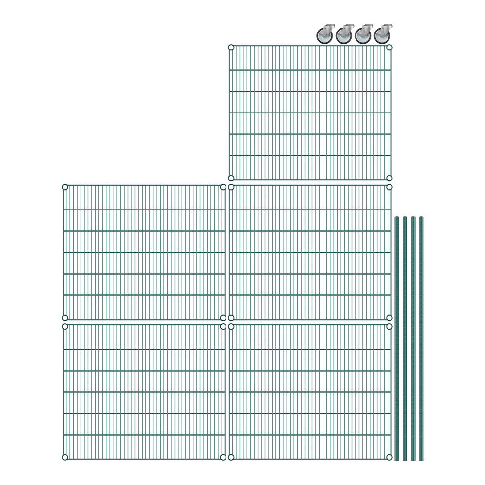 A drawing of a Regency wire shelving unit with green epoxy-coated metal bars.
