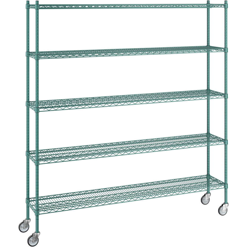 Regency 14 inch x 72 inch x 80 inch NSF Green Epoxy Mobile Wire Shelving Starter Kit with 5 Shelves