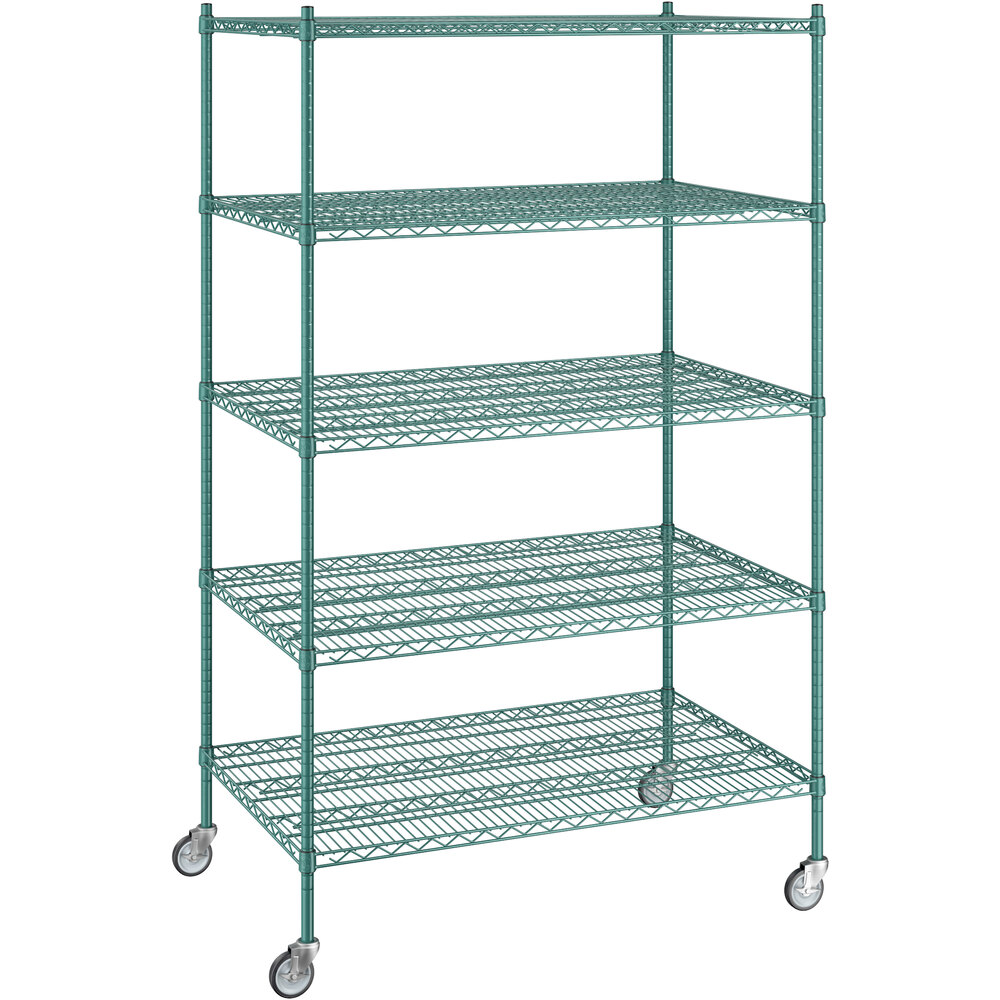 Regency 30 inch x 48 inch x 80 inch NSF Green Epoxy Mobile Wire Shelving Starter Kit with 5 Shelves