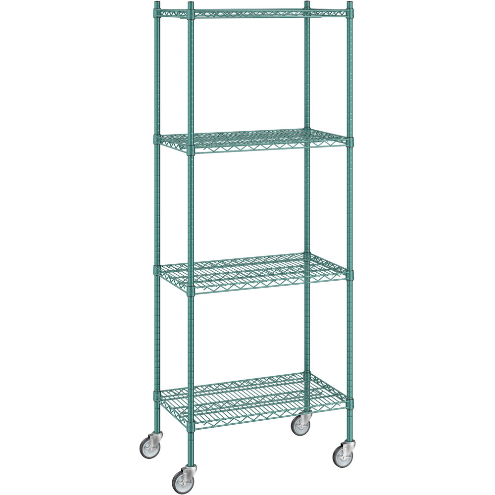 Regency 18 inch x 30 inch x 80 inch NSF Green Epoxy Mobile Wire Shelving Starter Kit with 4 Shelves
