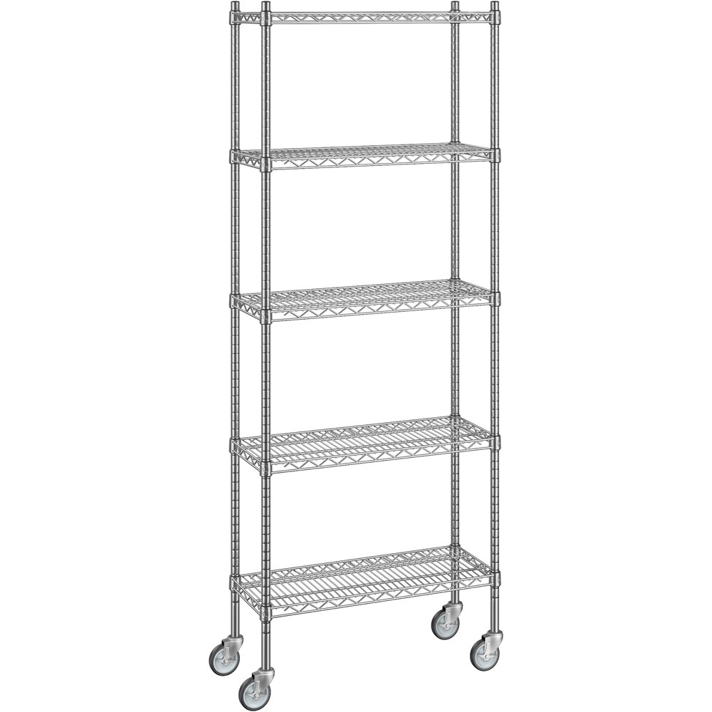 Regency 12 inch x 30 inch x 80 inch NSF Chrome Mobile Wire Shelving Starter Kit with 5 Shelves