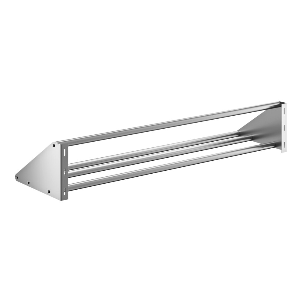 A stainless steel wall-mounted tubular rack shelf with three horizontal bars and triangular side supports.