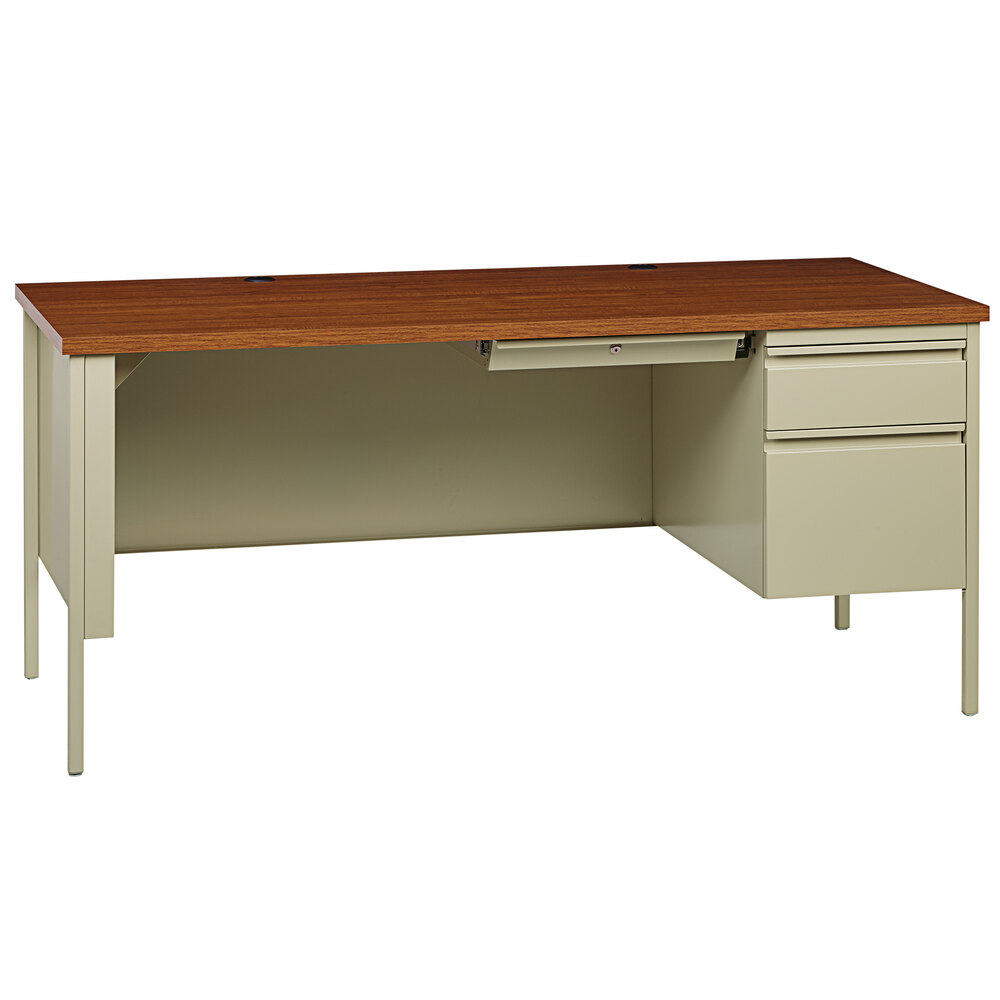 Hirsh Industries 30" x 66" Putty / Oak Office Desk with Center Drawer