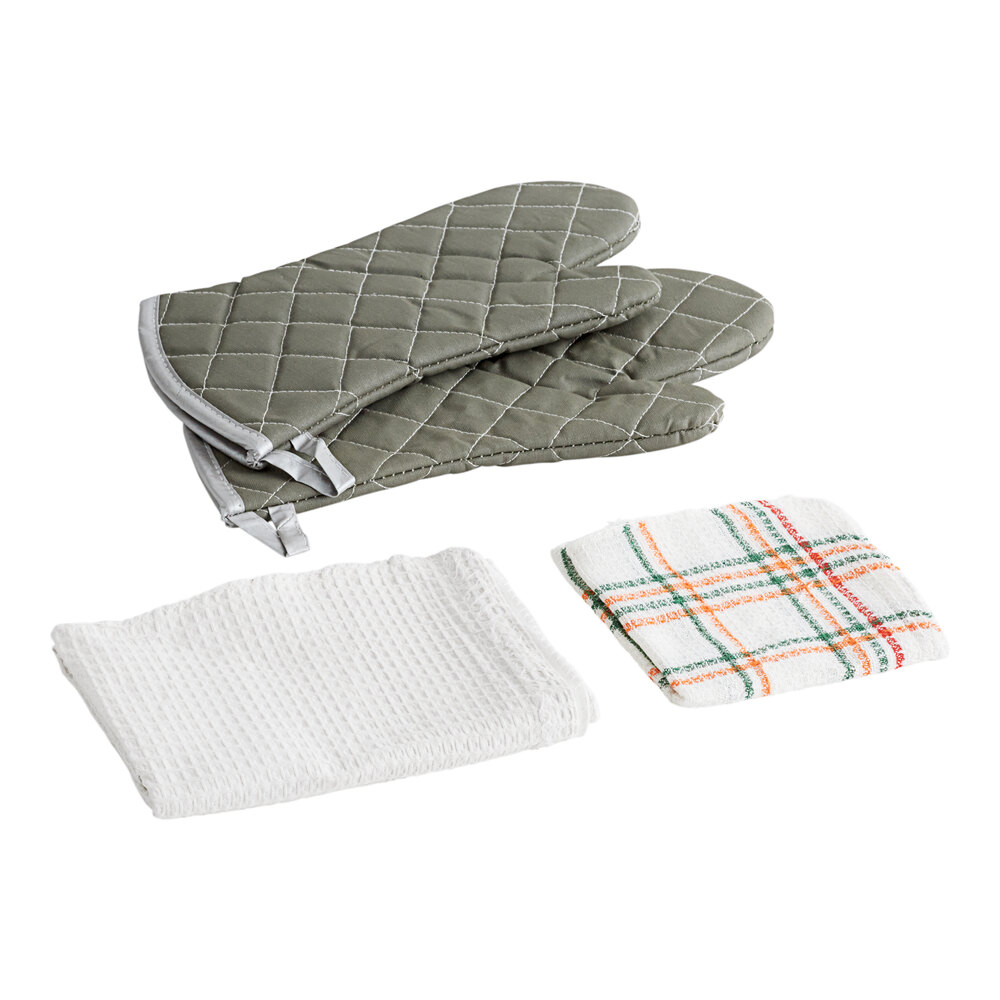 Choice 15" Flame Retardant Oven Mitts and WaffleWeave Kitchen Towel