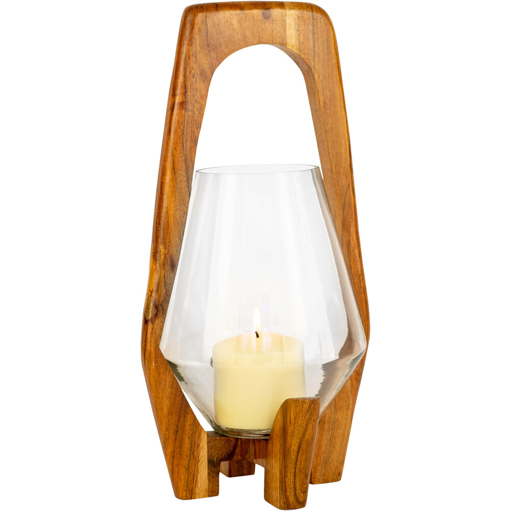 Kalalou 15" Wooden Oval Pillar Candle Holder with Glass Hurricane