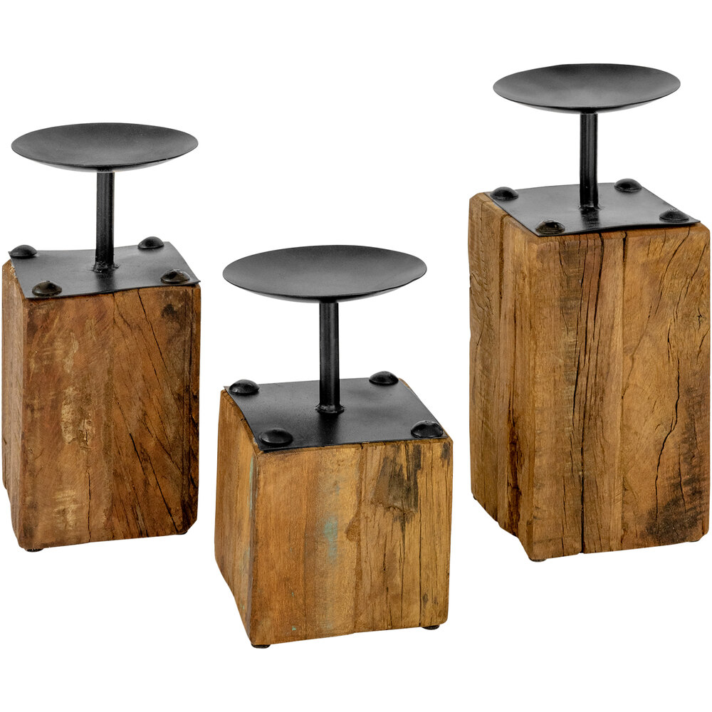 Kalalou 3Piece Metal Pillar Candle Holder with Recycled Wooden Base Set