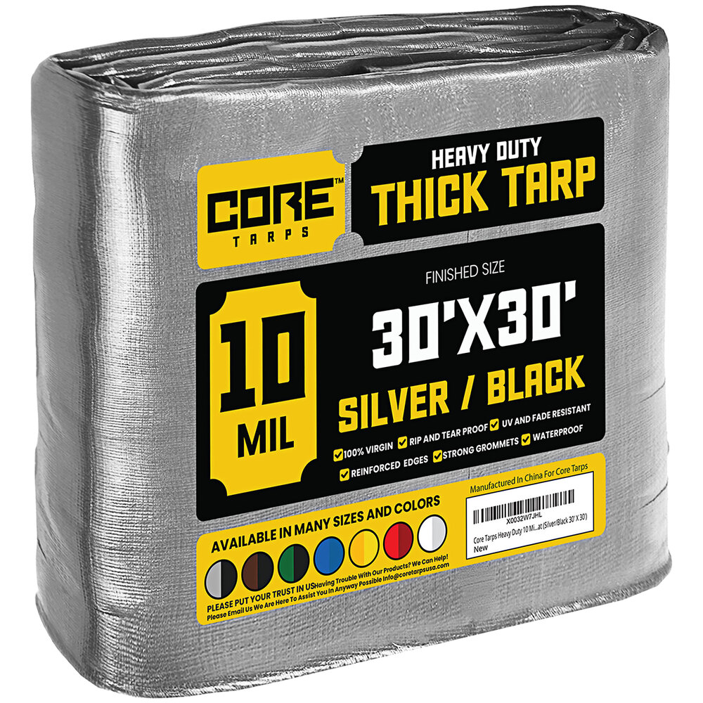 Core Tarps 30' x 30' Silver / Black Heavy-Duty Weatherproof 10 Mil Poly ...