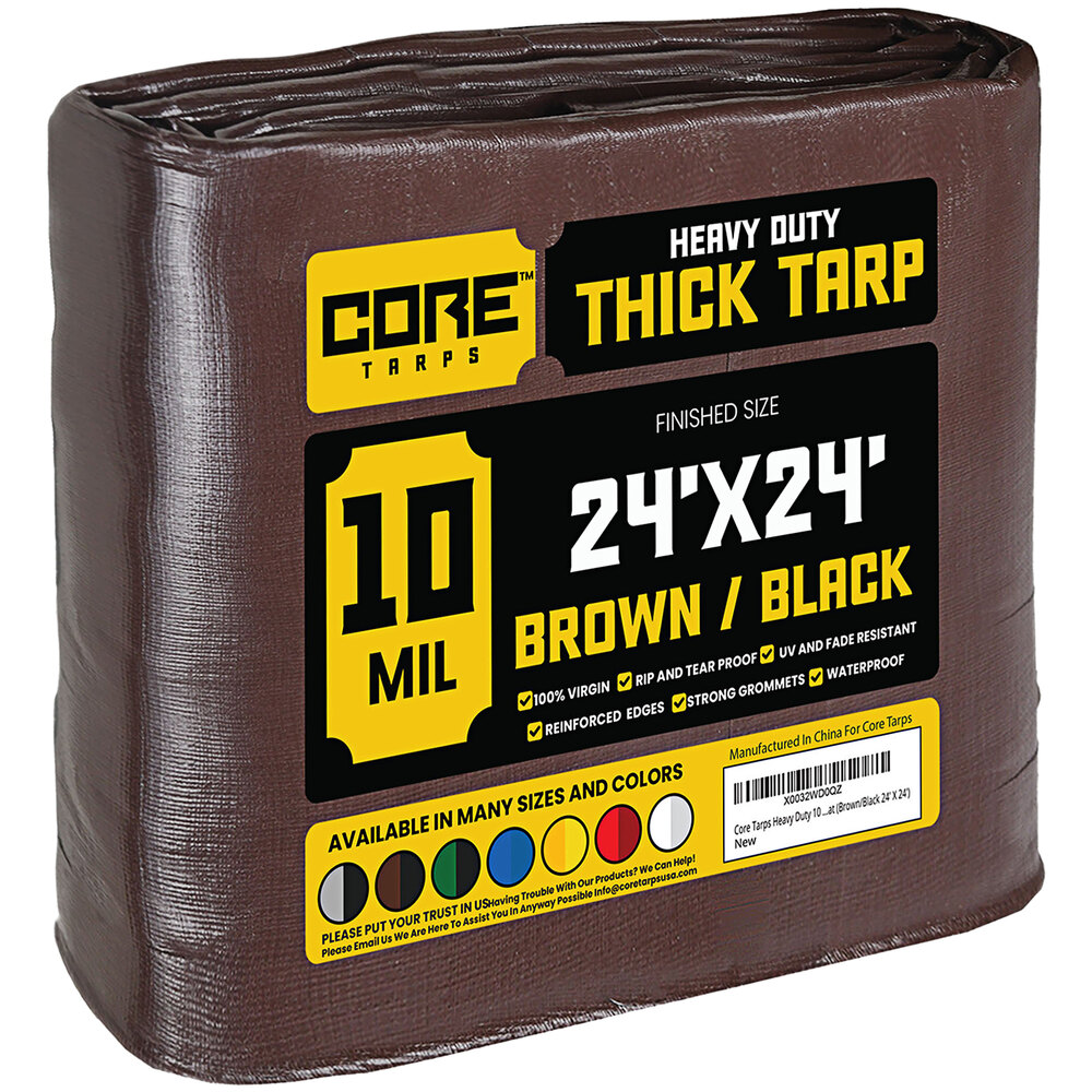 Core Tarps 24' x 24' Brown HeavyDuty Weatherproof 10 Mil Poly Tarp with Reinforced Edges