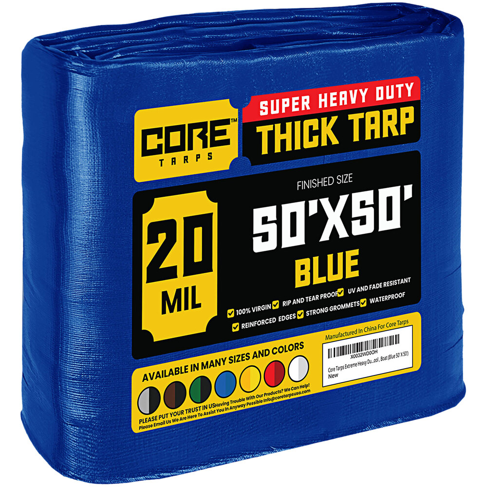 Core Tarps 50' x 50' Blue Extreme HeavyDuty Weatherproof 20 Mil Poly