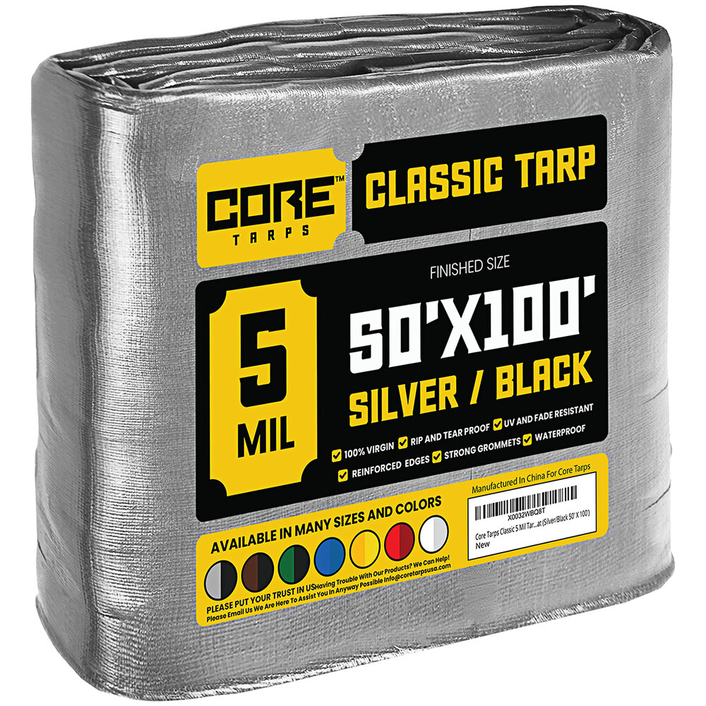 Core Tarps 50' x 100' Silver / Black Classic Weatherproof 5 Mil Poly