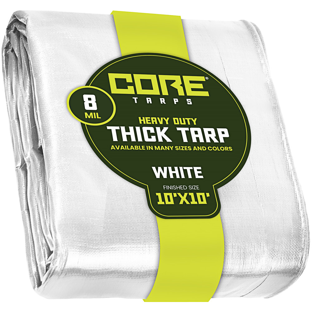 Core Tarps 10' x 10' White HeavyDuty Weatherproof 8 Mil Poly Tarp with