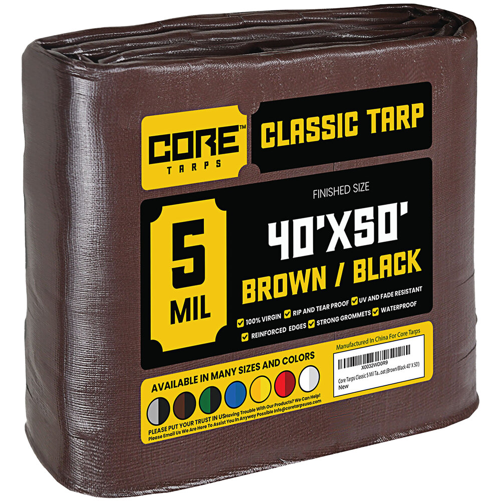 Core Tarps 40' x 50' Brown / Black Classic Weatherproof 5 Mil Poly Tarp