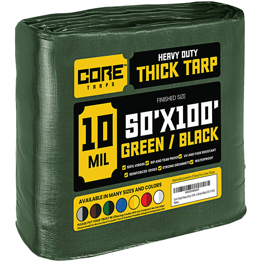 Core Tarps 50' x 100' Green / Black HeavyDuty Weatherproof 10 Mil Poly