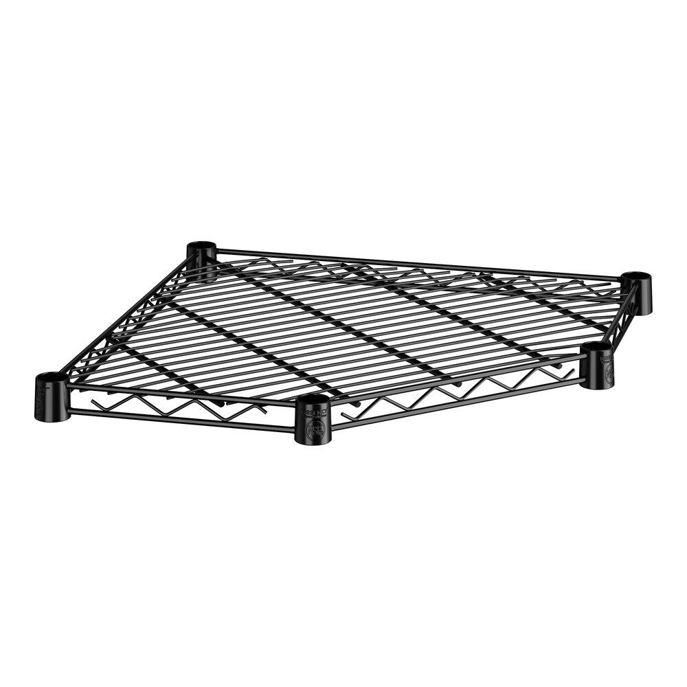 A black epoxy wire pentagon corner shelf with four corner supports.
