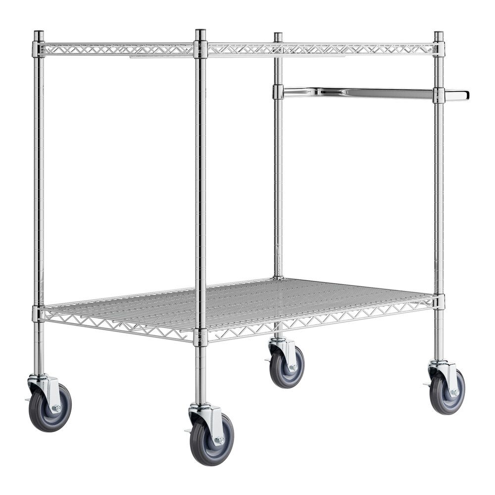 A chrome metal utility cart with two shelves and wheels.