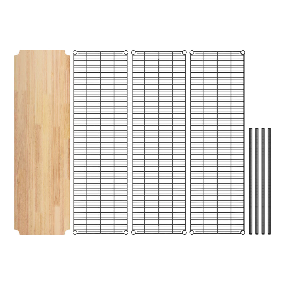 A wooden shelf insert with metal bars on a grid.