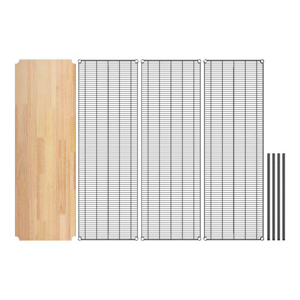 A wood floor with metal Regency shelves and wooden inserts.