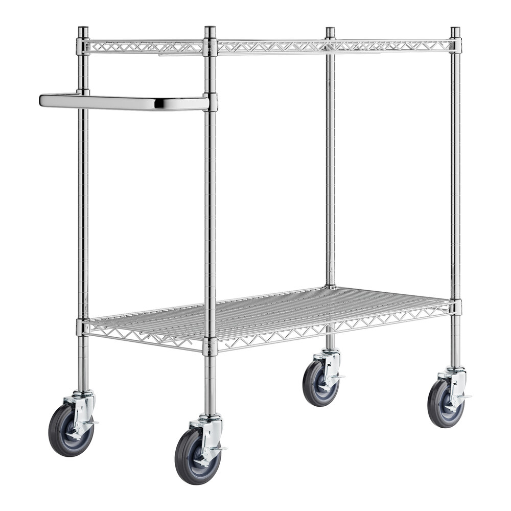A chrome metal cart with black wheels.