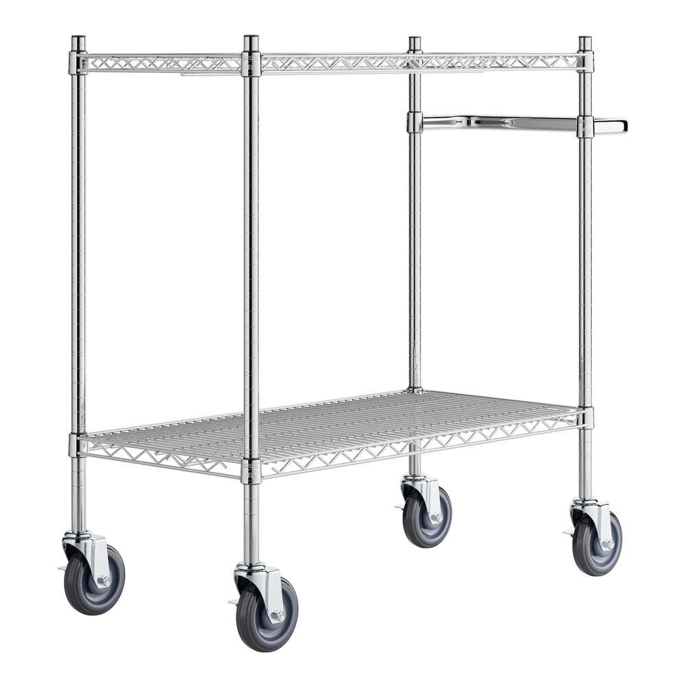 A chrome metal utility cart with black wheels.