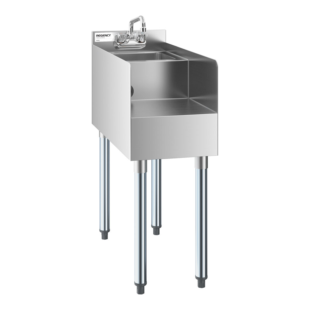 A stainless steel blender station with a small integrated sink, faucet, and four sturdy legs.