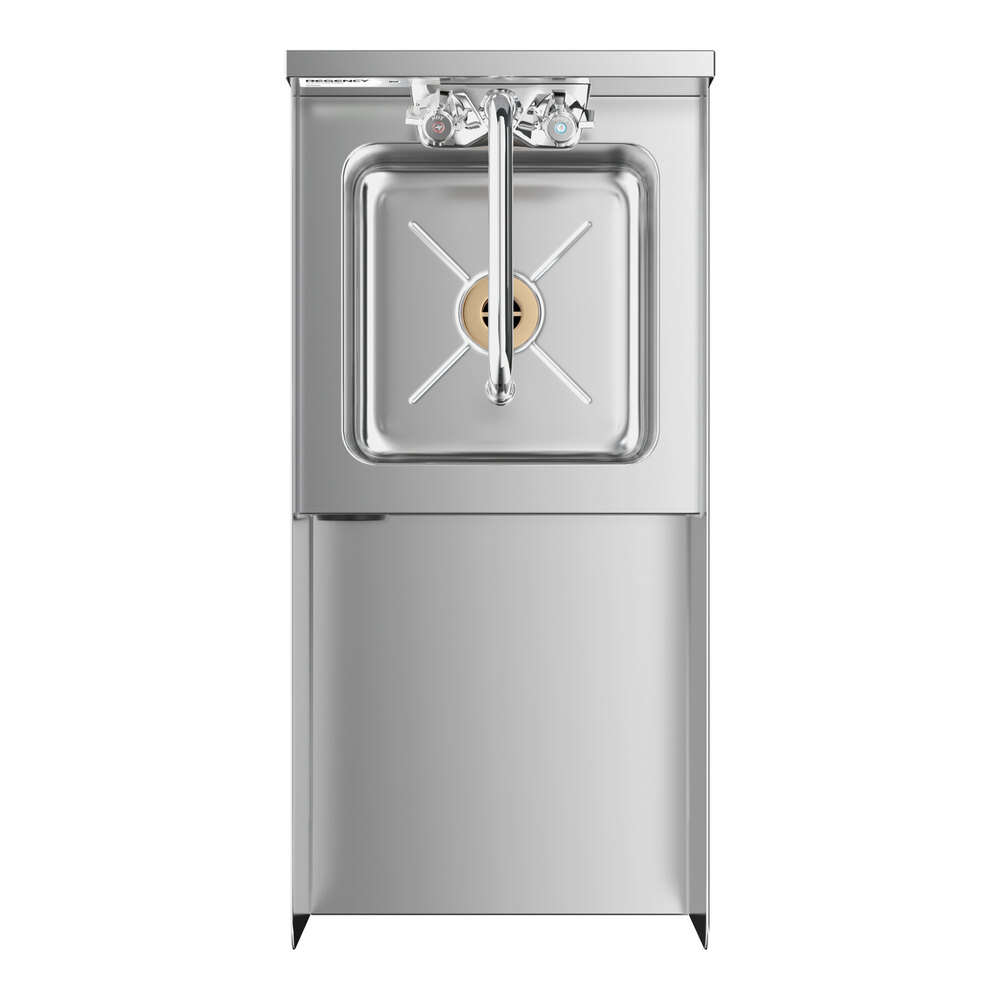 A stainless steel station with a small square sink, faucet, and a lower cabinet, viewed from the front.