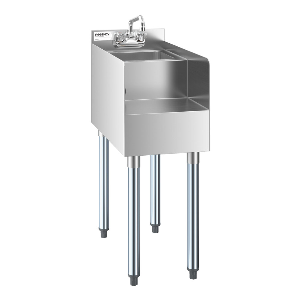A stainless steel blender station with a small integrated sink, faucet, and four sturdy legs.